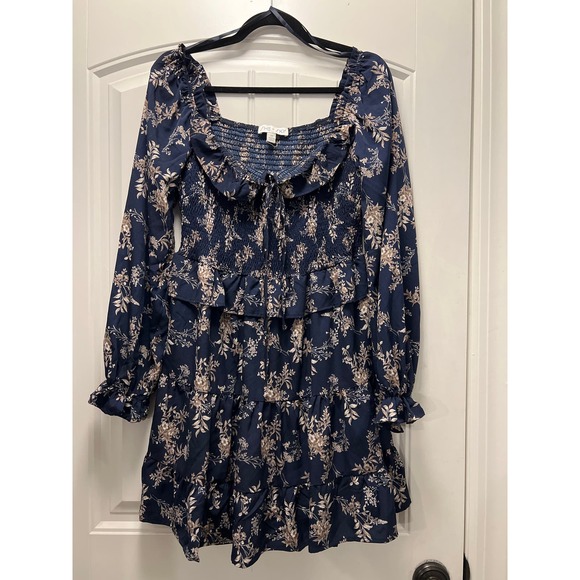NWT She & Sky Women’s Off Shoulder Floral Ruffle Mini Dress Size M‎ Blue Brown - Picture 1 of 8